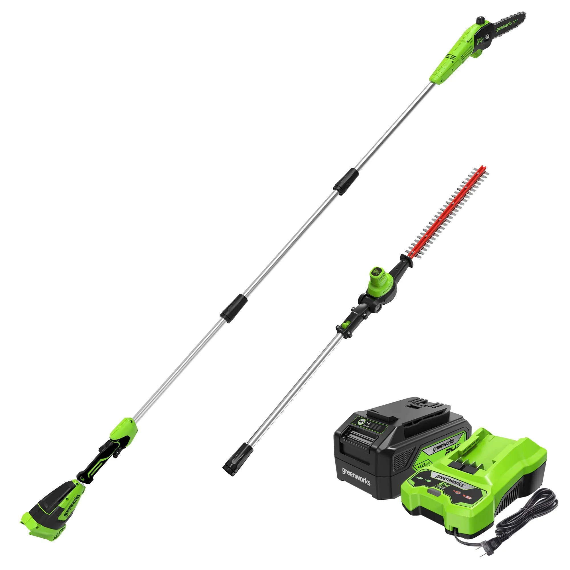 24V 10" Cordless Battery Polesaw & Pole Hedge Trimmer Combo Kit w/ 4Ah USB Battery and Charger