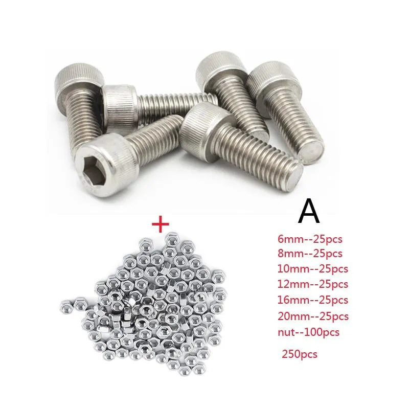 250pc/set A2 Stainless Steel M3 Cap/Button/Flat Head  Sets Phillips Hex Socket Bolt With Hex Nuts Assortment Kit Mayitr