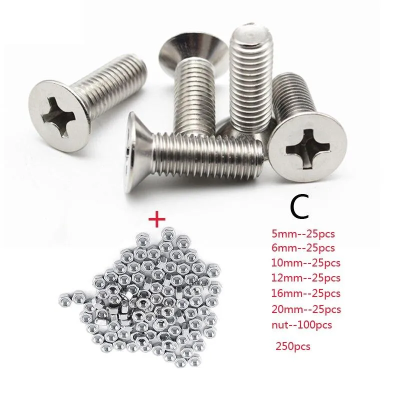 250pc/set A2 Stainless Steel M3 Cap/Button/Flat Head  Sets Phillips Hex Socket Bolt With Hex Nuts Assortment Kit Mayitr