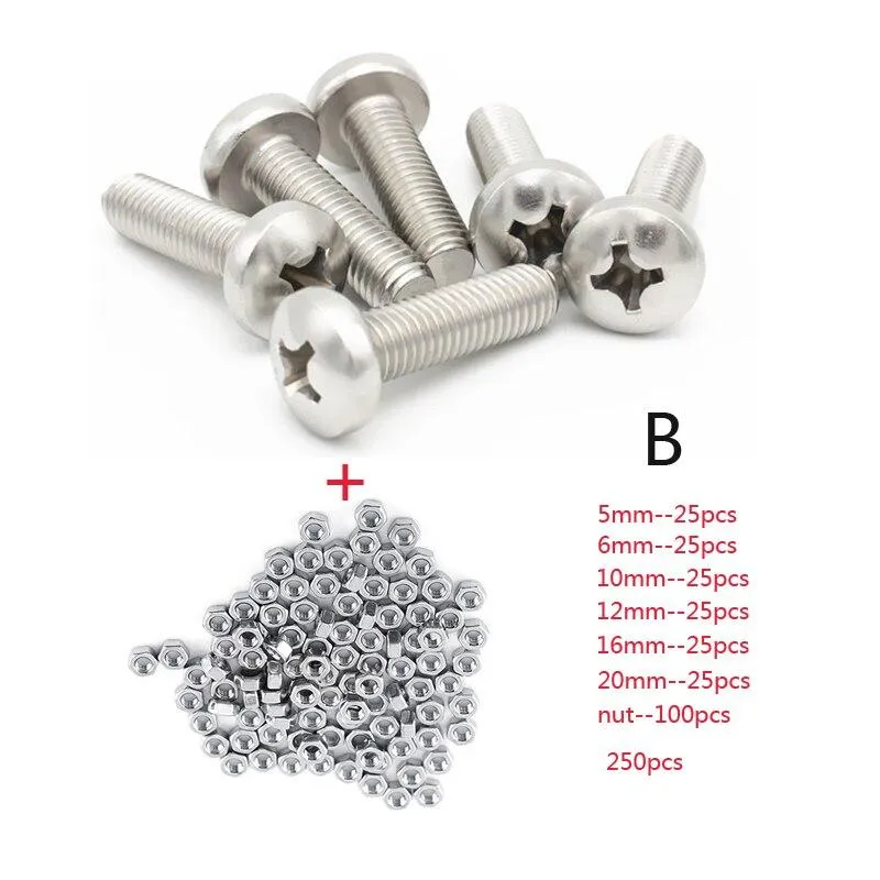 250pc/set A2 Stainless Steel M3 Cap/Button/Flat Head  Sets Phillips Hex Socket Bolt With Hex Nuts Assortment Kit Mayitr