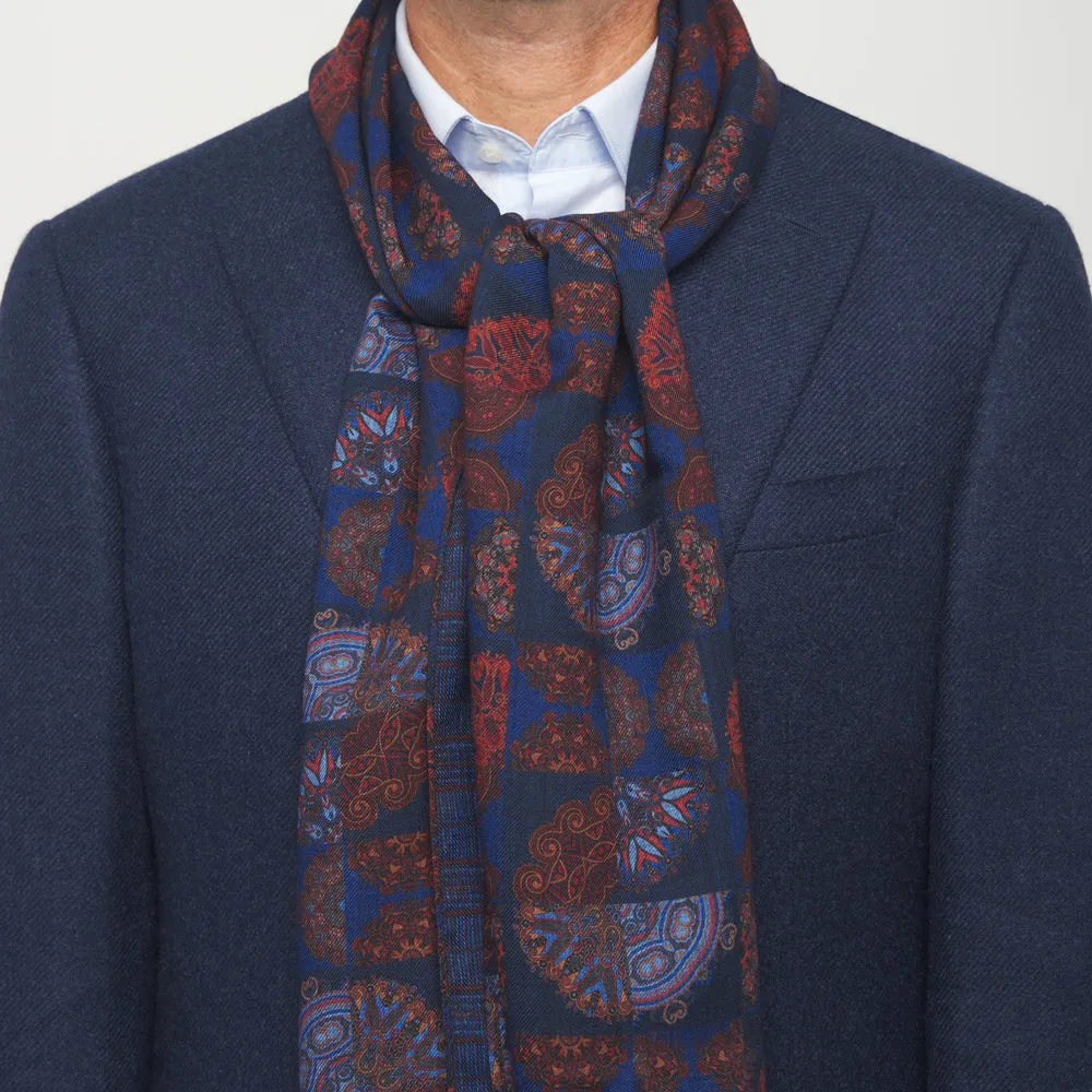 Blue and Burgundy Medallion Patchwork and Madras Pattern Wool Scarf