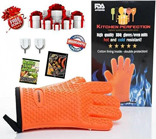 Cooking and Grilling Gloves for The Pro Chef|Extreme Cool and Heat Resistant|Oven Mitts for BBQ Smokers and Grillers.Washable Cotton Lining|Insulated|Waterproof| 2 Bonuses - 2 Sticky Hooks   eBook