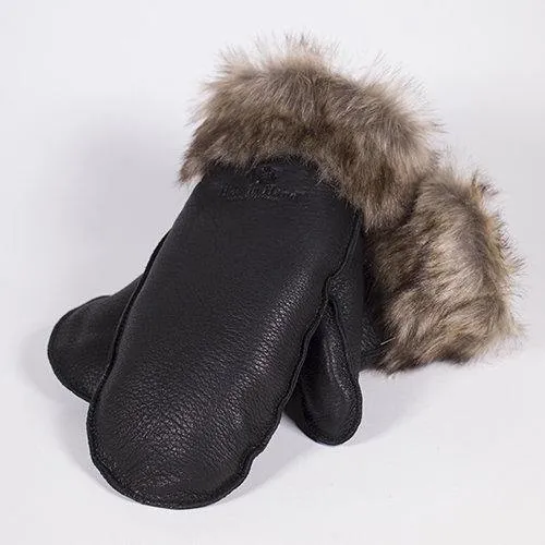 Deerskin Leather Mitts with Faux Fur Trim