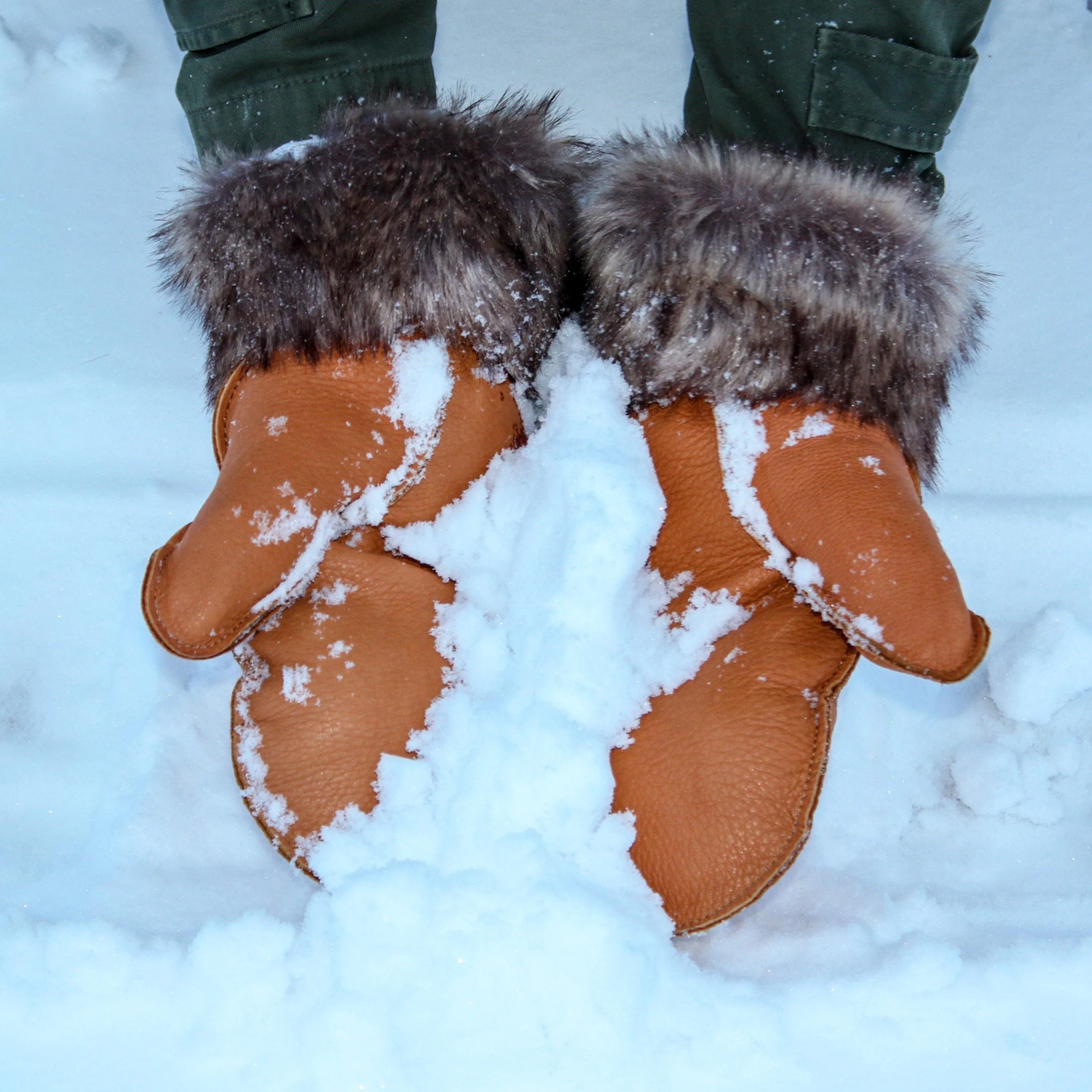 Deerskin Leather Mitts with Faux Fur Trim