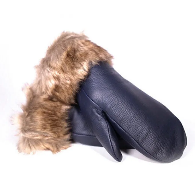 Deerskin Leather Mitts with Faux Fur Trim