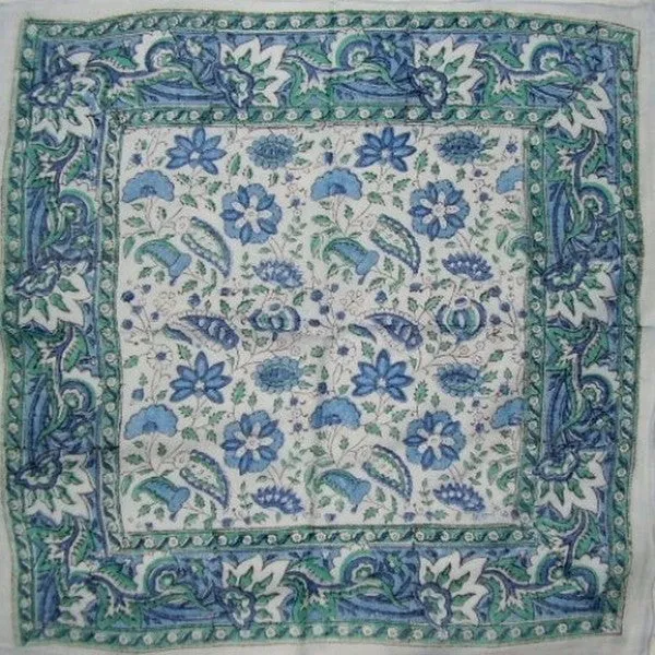 Floral Block Print Scarf Soft Light Cotton 20 x 20 Blue n Green