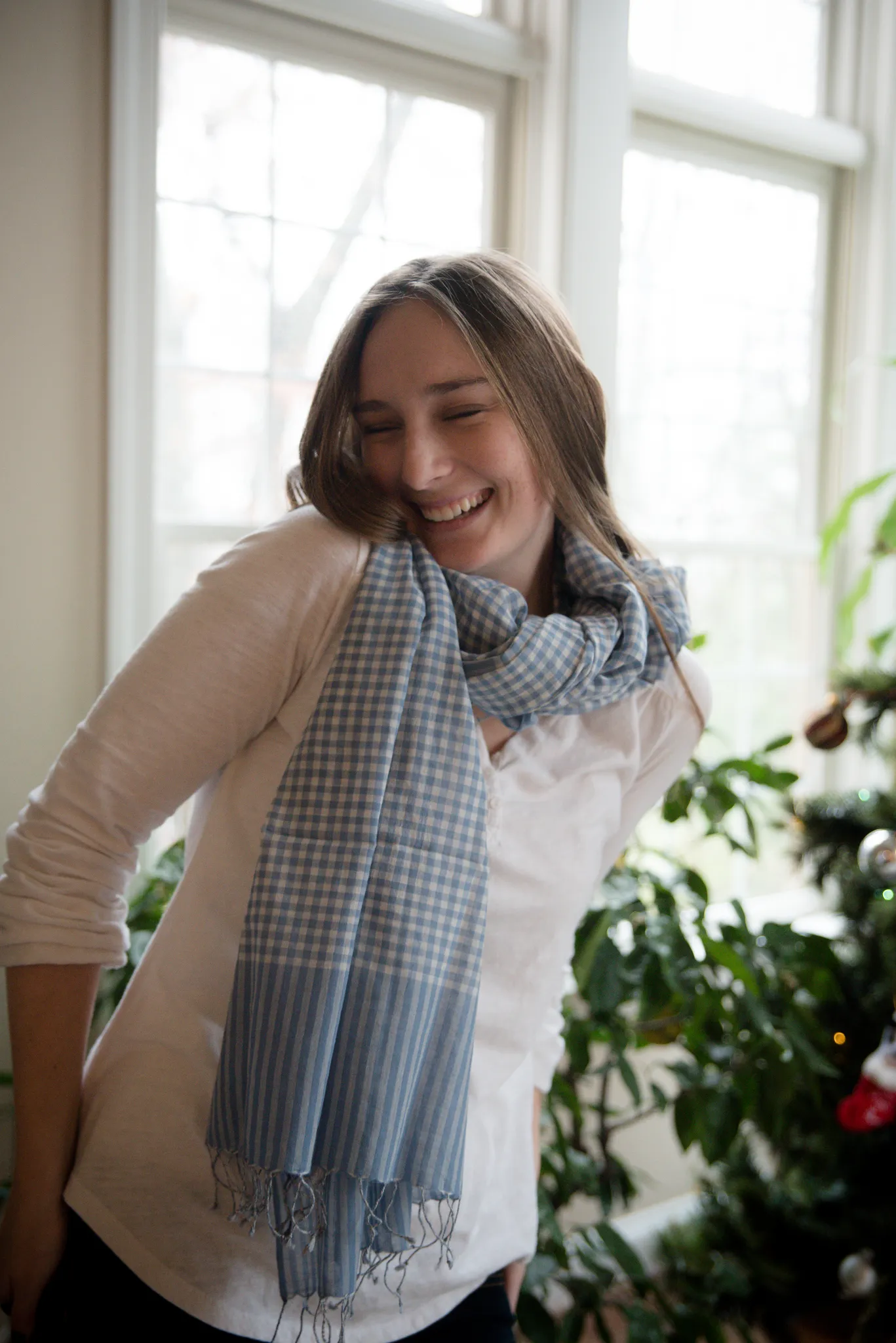 Handwoven checkered and striped blue and silver scarf