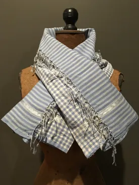 Handwoven checkered and striped blue and silver scarf