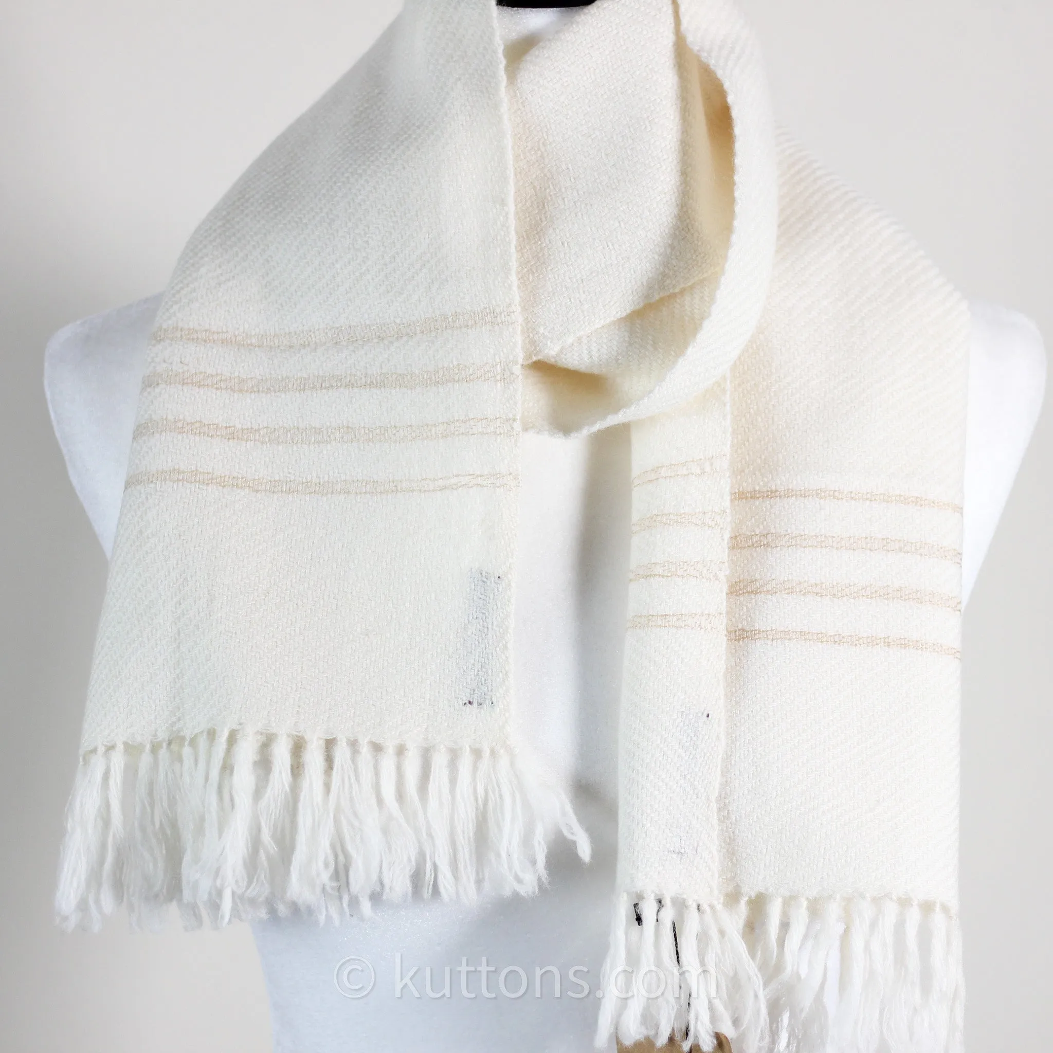 Handwoven Himalayan-Merino Woolen Scarf with Tusser Silk Border | Cream, 11"x52" (Small)