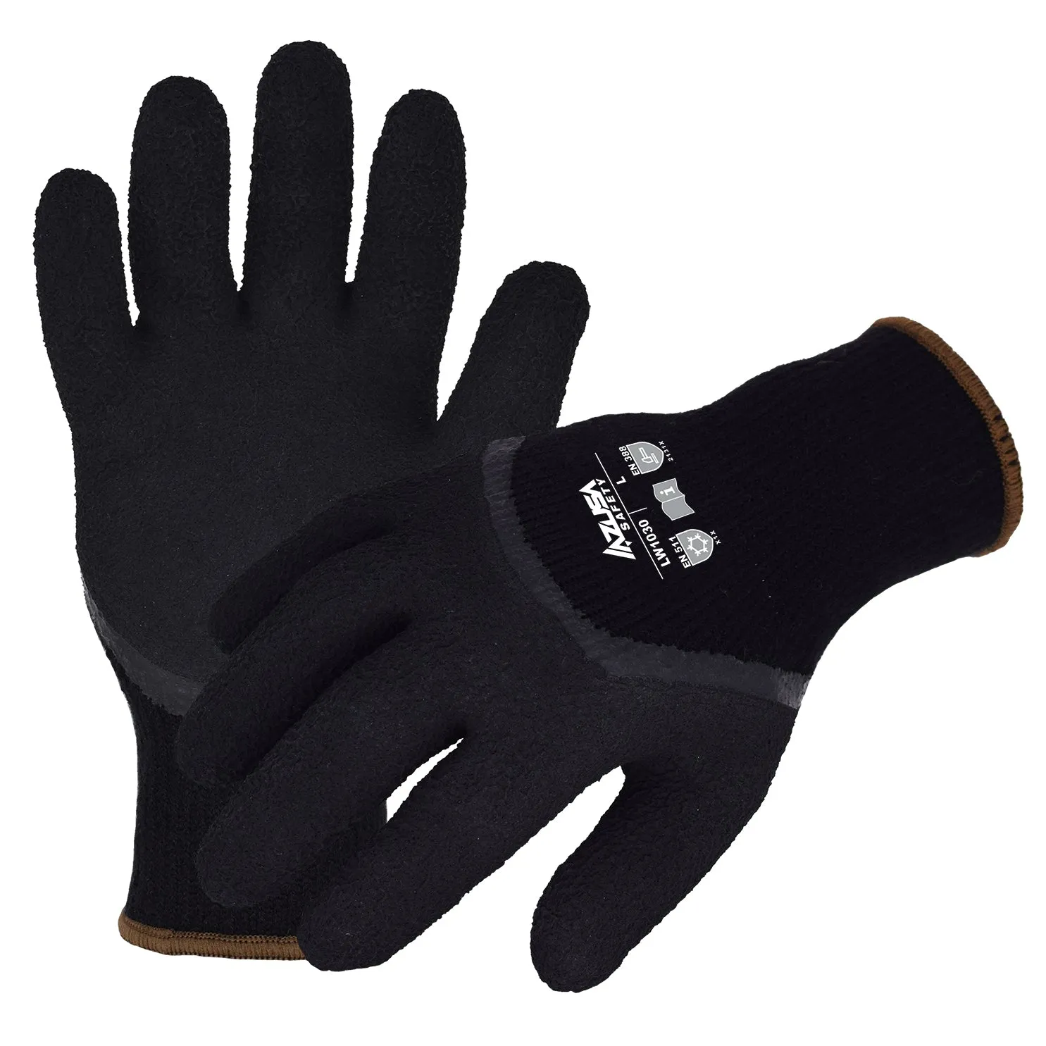 (LW1030) Winter Work Gloves, 7-Gauge Black Seamless Acrylic Winter Gloves w/ Brushed Acrylic Fleece Interior and Black Foam Latex 3/4 Coating, Large, Case of 12 Pairs