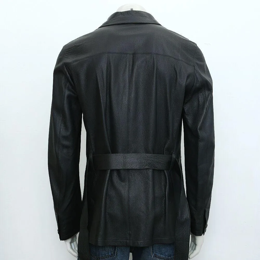 Midnight Blue Belted Deerskin Leather Jacket