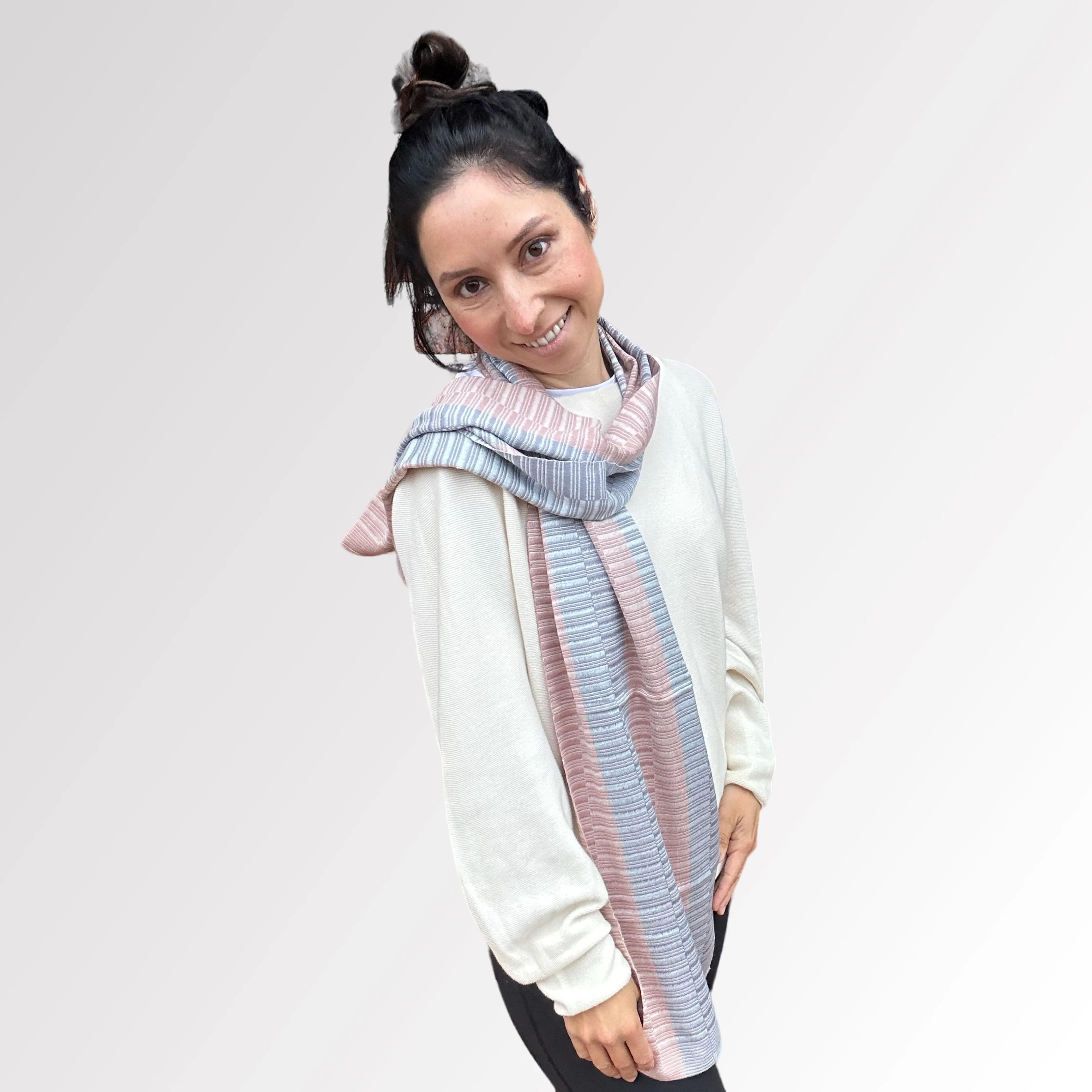 Mie Meh Scarf in Blush and Blue, Hand-loomed