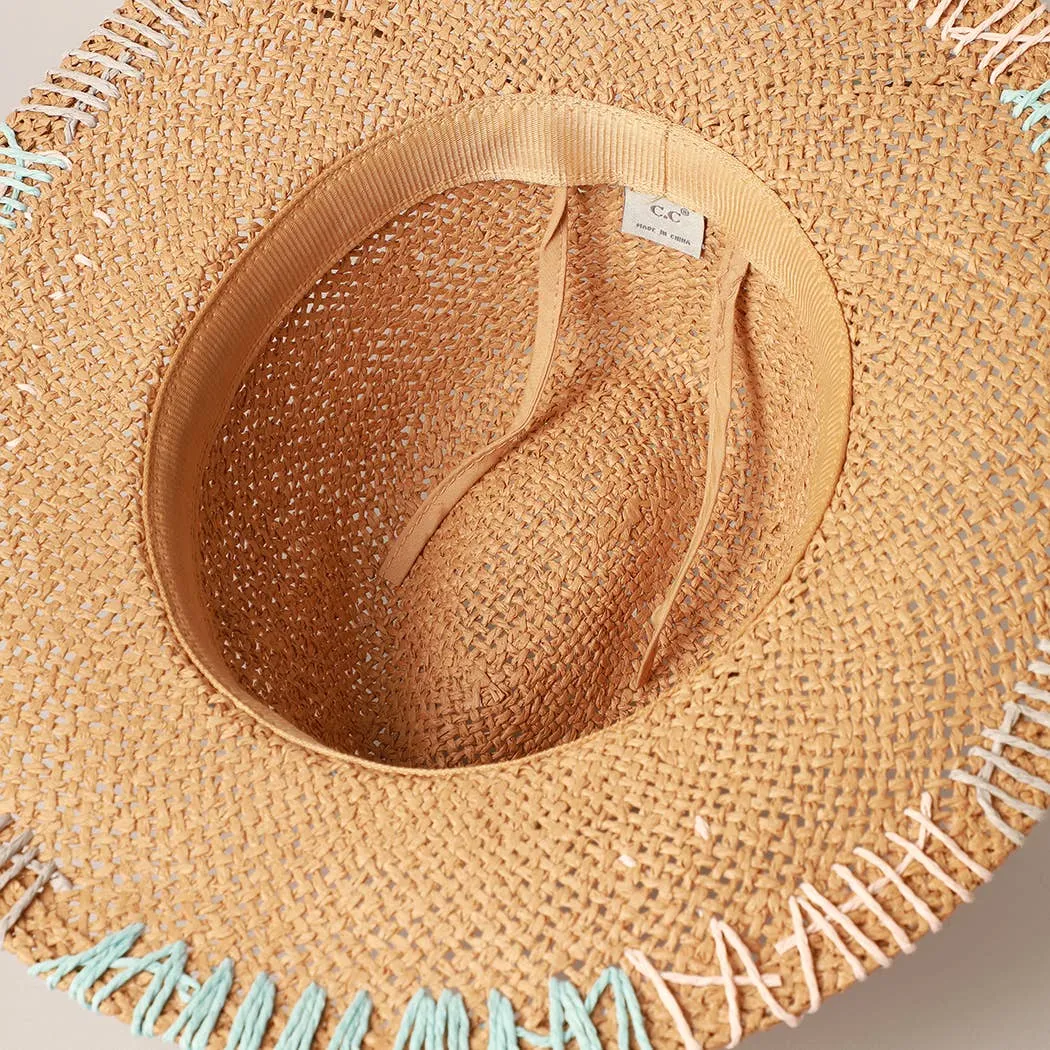 Multi-Colored Stitched Brim Panama Hat Natural