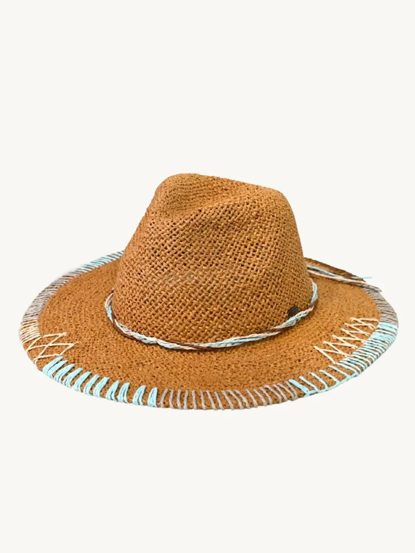 Multi-Colored Stitched Brim Panama Hat Natural