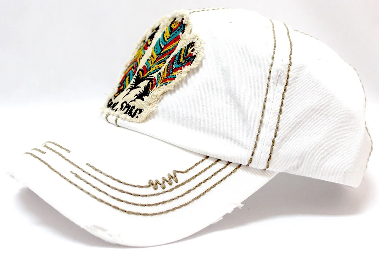 NEW! WHITE Feather "Free Spirit" Patched Distressed Vintage Cap