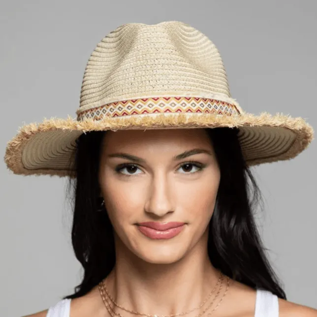 Oceanside Frayed Edge Ethnic Trim Panama Hat