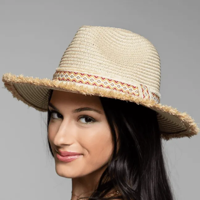 Oceanside Frayed Edge Ethnic Trim Panama Hat