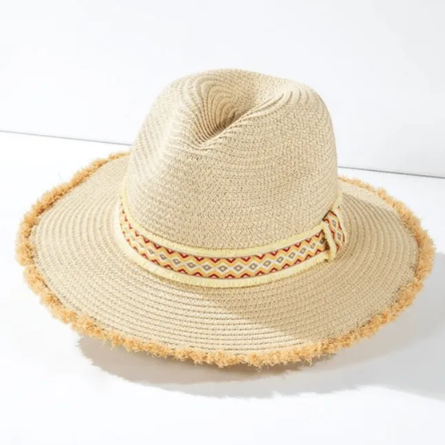 Oceanside Frayed Edge Ethnic Trim Panama Hat