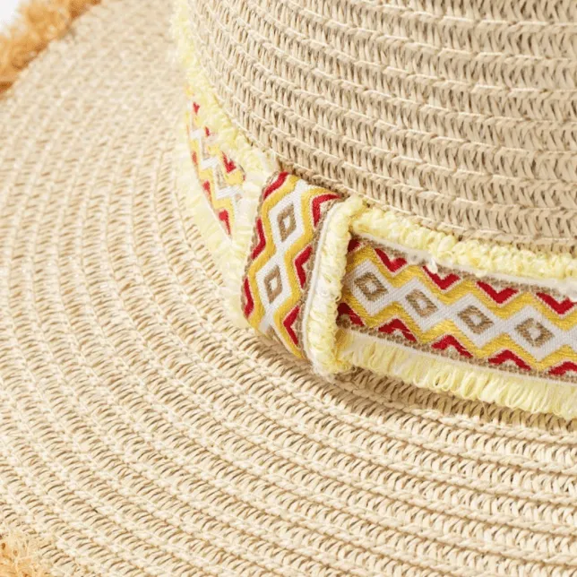 Oceanside Frayed Edge Ethnic Trim Panama Hat