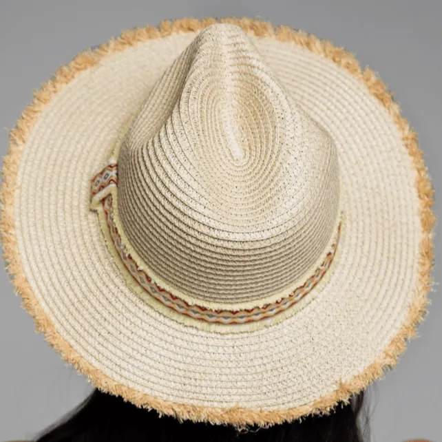 Oceanside Frayed Edge Ethnic Trim Panama Hat