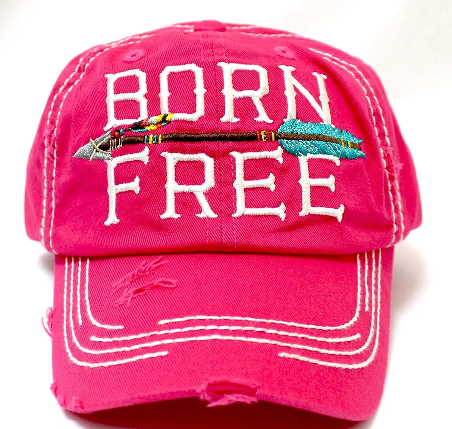 PINK "BORN FREE" Women's Distressed Baseball Cap w/ Adjustable Arrow Detailed Back