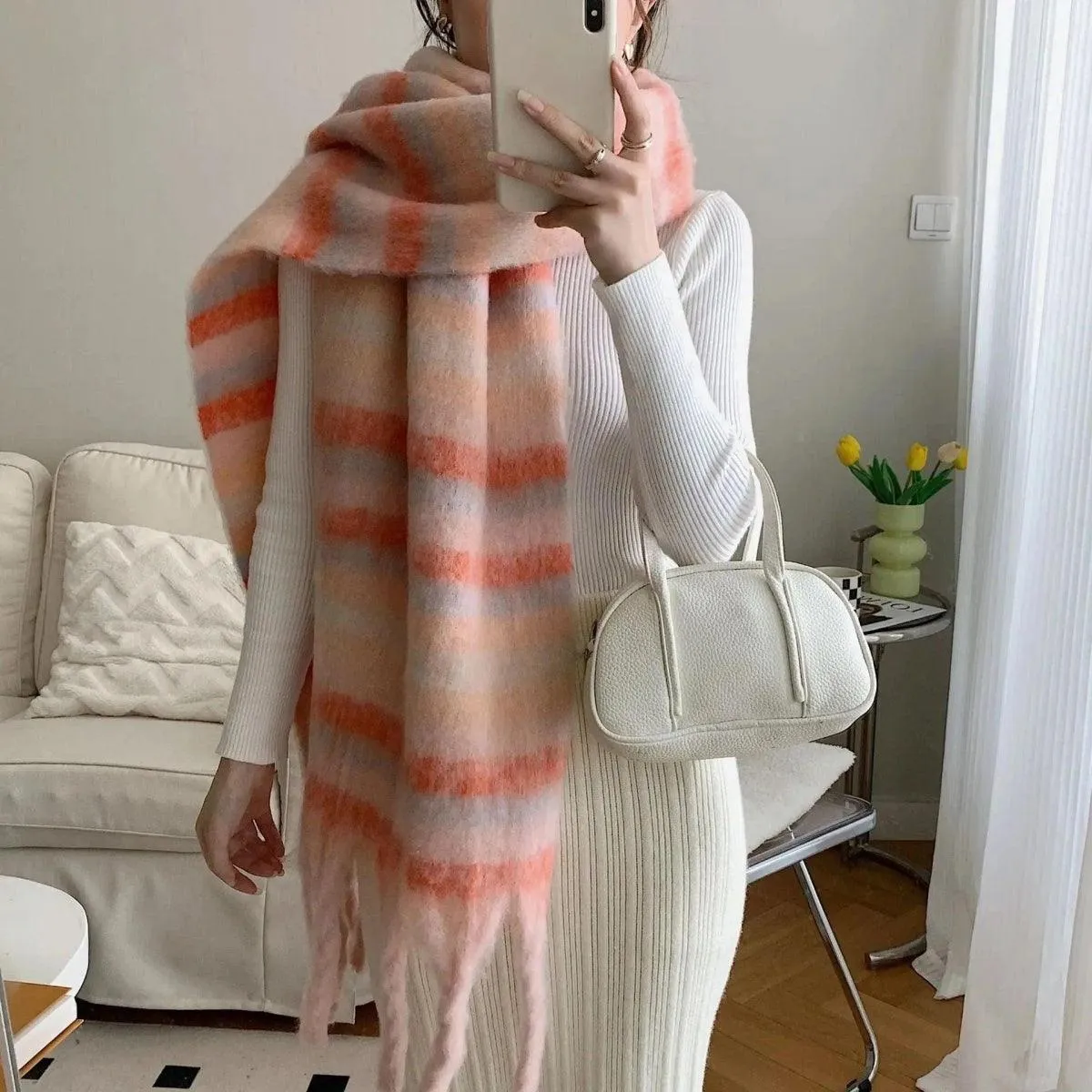 Striped Cashmere Thick Scarf With Contrast Color