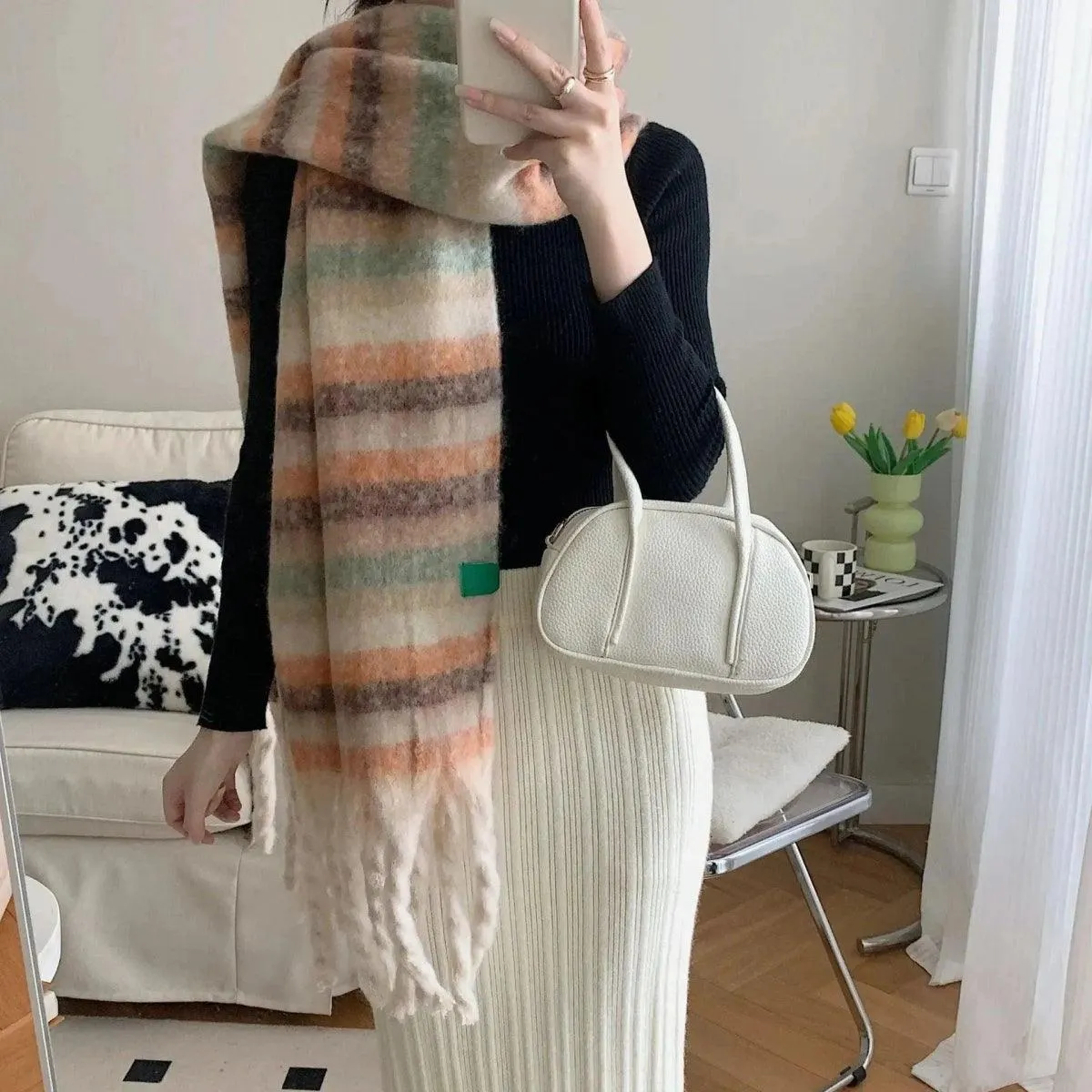 Striped Cashmere Thick Scarf With Contrast Color