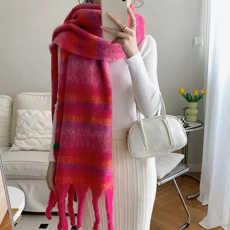 Striped Cashmere Thick Scarf With Contrast Color