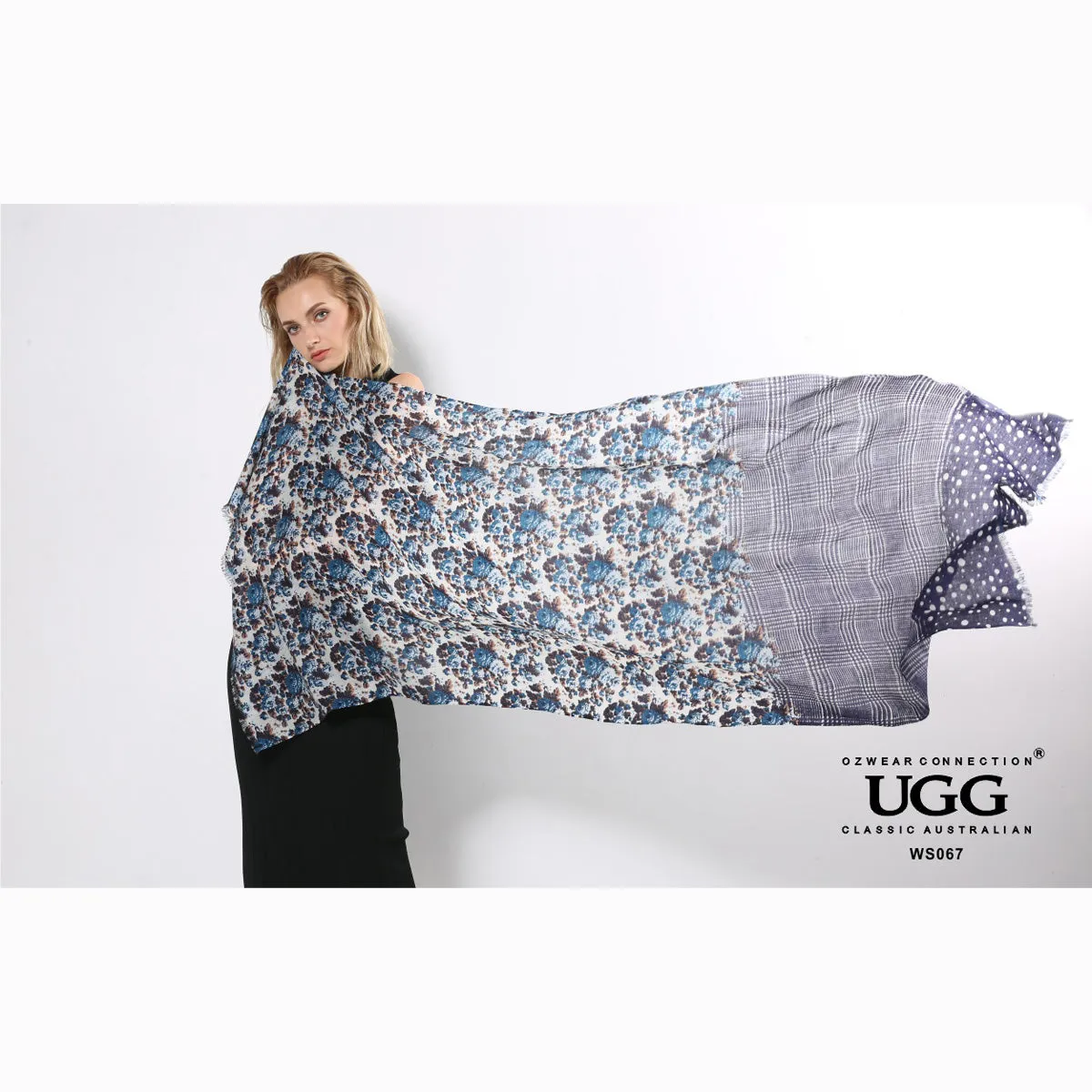 Ugg 100% Australian Merino Wool Scarf Purplish Blue and Check