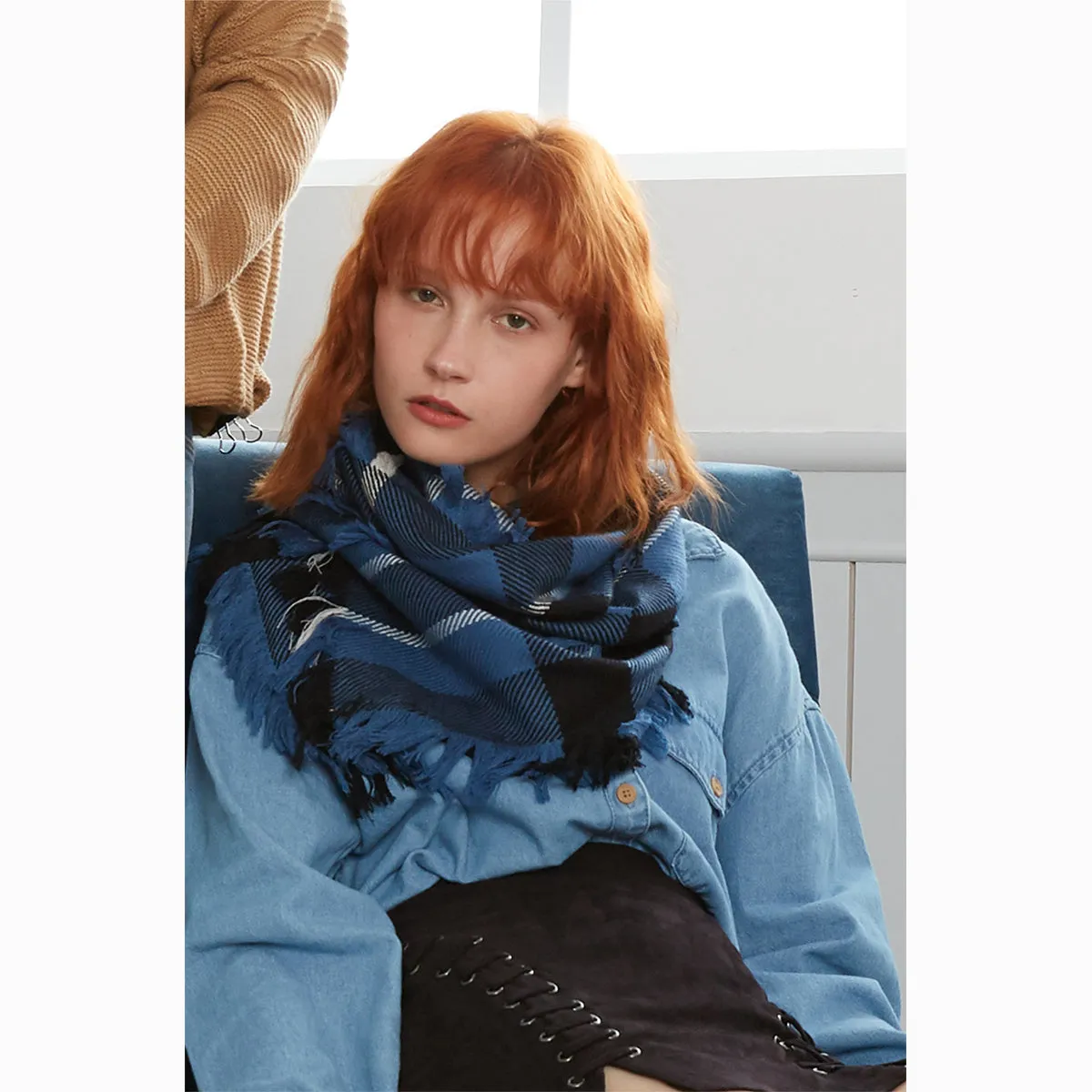 Ugg Fringed Check Wool Scarf Blue and Check