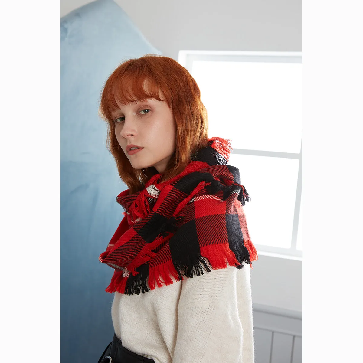 Ugg Fringed Check Wool Scarf Red and Check