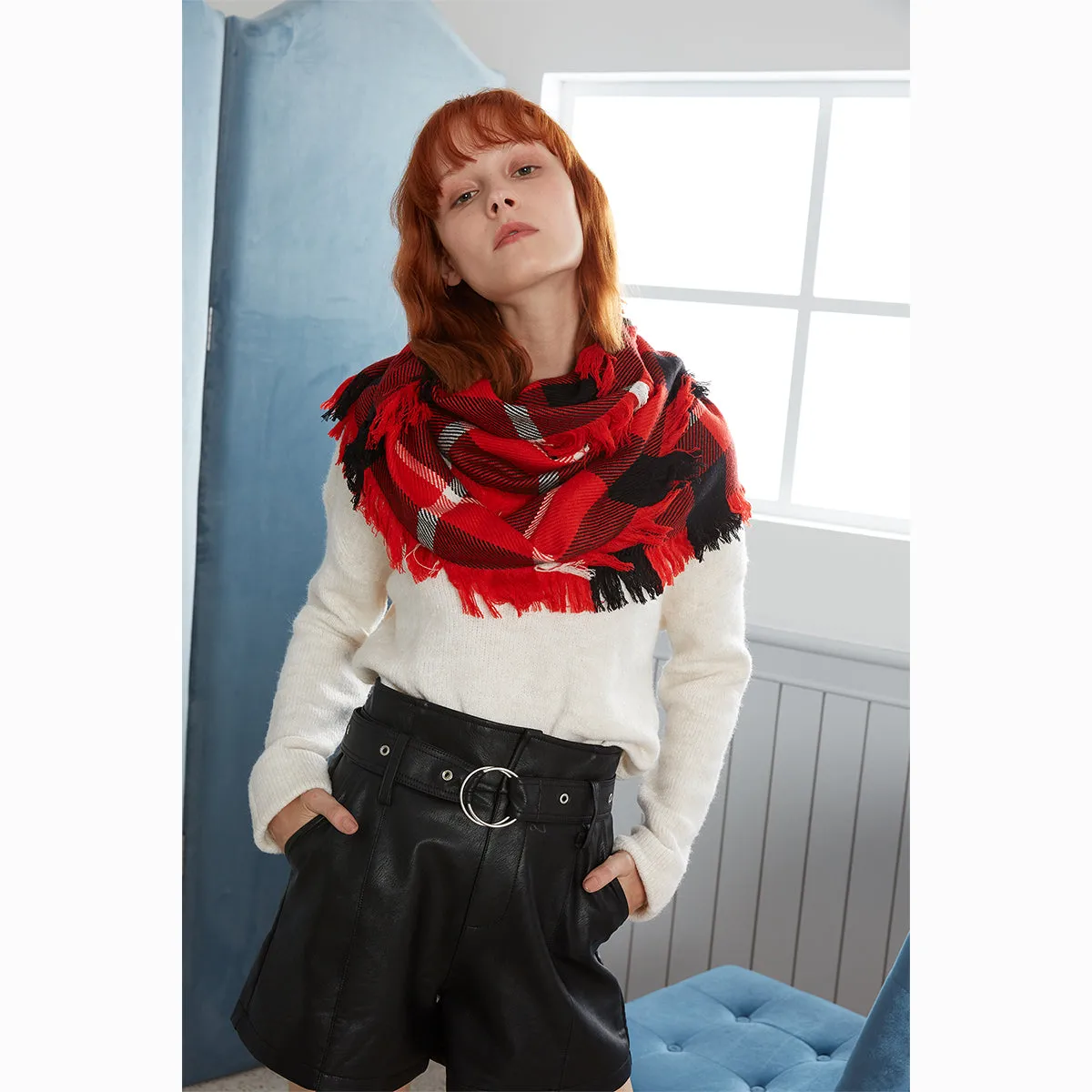 Ugg Fringed Check Wool Scarf Red and Check