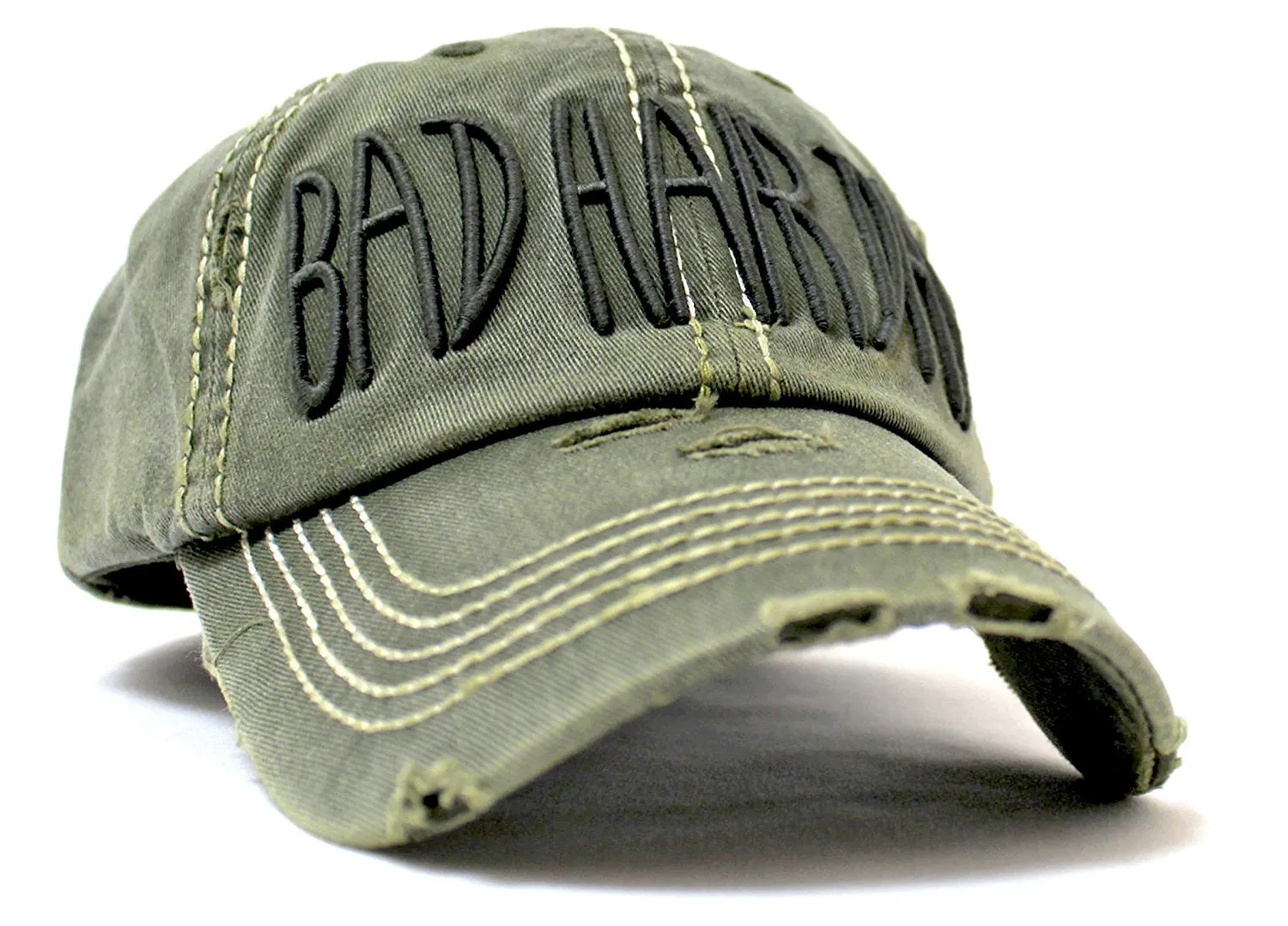 VINTAGE OLIVE Contrast-Stitch "BAD HAIR DAY" Embroidery Ballcap